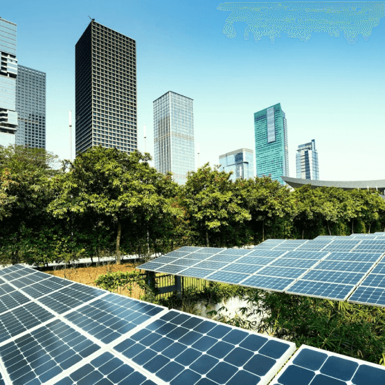 Solar panels in a modern city park with skyscrapers in the background, showcasing sustainable energy and green technology in an urban landscape on a sunny day with a blue sky.